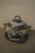 19TH CENTURY IRONSTONE SOUP TUREEN WITH STAND AND LADLE, IN THE CHINESE TREE PATTERN