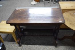 VICTORIAN ROSEWOOD SIDE TABLE RAISED ON BOBBIN TURNED SUPPORTS AND STRETCHER, 89CM WIDE