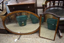 LARGE EARLY 20TH CENTURY OVAL BEVELLED WALL MIRROR IN MAHOGANY VENEERED FRAME, 94CM WIDE TOGETHER