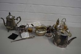 MIXED LOT OF SILVER PLATED AND OTHER METAL WARES TO INCLUDE TEA WARES, BIRTH CERTIFICATE HOLDER,