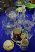 MIXED LOT OF DECANTERS, GLASS BOWLS, CERAMICS ETC