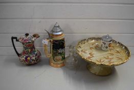 MIXED LOT COMPRISING A CROWN DUCAL CHINTZ PATTERN JUG, BEER STEIN, LARGE STONEWARE TAZZA, ROYAL
