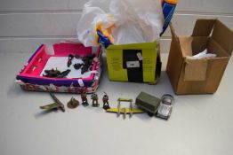 THREE BOXES OF VARIOUS DIE-CAST SOLDIERS, FARM ANIMALS AND OTHER ITEMS, MUCH PLAY WORN CONDITION