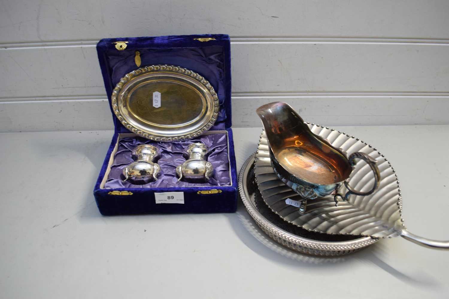 SILVER PLATED CRUET, SILVER PLATED SAUCE BOAT AND SILVER PLATED LEAF FORMED DISH AND A SERVING TRAY