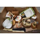 BOX OF MIXED ITEMS TO INCLUDE ROYAL COMMEMORATIVE MUG, VARIOUS SMALL FRAMED POT LIDS, ASSORTED