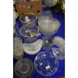 VARIOUS GLASS SERVING DISHES, SIDE DISHES, SALAD TONGS ETC