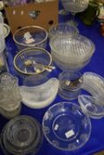 VARIOUS GLASS SERVING DISHES, SIDE DISHES, SALAD TONGS ETC