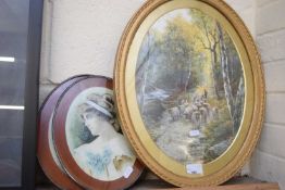 OVAL COLOURED PRINT 'SHEEP ON A WOODLAND TRACK' TOGETHER WITH TWO FURTHER OVAL PORTRAIT PRINTS,