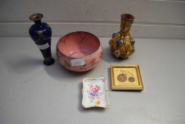 MIXED LOT COMPRISING A SMALL DOULTON STONEWARE BALUSTER VASE, A WARDLE PINK GLAZED BOWL, A CROWN