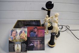 BOX OF VARIOUS STAR TREK HOLOGRAPHIC CARDS, REPRODUCTION STICK TELEPHONE AND THREE PORCELAIN