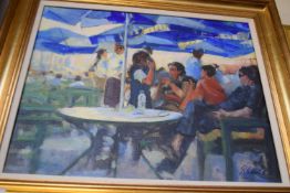 BRIAN WEINLE, 'BLUE PARASOLS', OIL ON BOARD, GILT FRAMED, 64CM WIDE