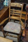 VICTORIAN ELM AND BEECHWOOD ROCKING CHAIR, FLORAL UPHOLSTERED SEAT, 107CM HIGH