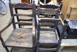 SET OF FIVE OAK FRAMED AND RUSH SEATED LADDERBACK CHAIRS (FOR RESTORATION)