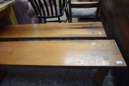 PAIR OF PINE LOW BENCHES, 136CM WIDE