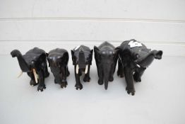 FIVE EBONY ELEPHANTS