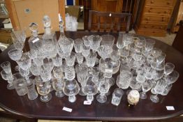 MIXED LOT VARIOUS CLEAR GLASS WARES TO INCLUDE RUMMERS, WINES, SPIRIT GLASSES PLUS THREE DECANTERS