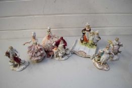MIXED LOT VARIOUS CONTINENTAL FIGURES, YARDLEYS LAVENDAR ADVERTISING SOAP DISH AND OTHER ITEMS