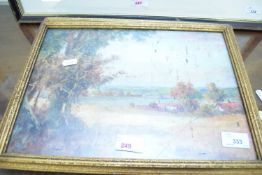 TWO STUDIES OF COUNTRY SCENES WITH COTTAGES AND CHURCH, WATERCOLOURS, GILT FRAMED, 37CM WIDE