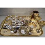MIXED LOT VARIOUS CUTLERY, PIERCED DISHES, SILVER PLATED GOBLETS ETC