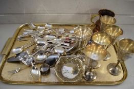 MIXED LOT VARIOUS CUTLERY, PIERCED DISHES, SILVER PLATED GOBLETS ETC