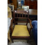 19TH CENTURY MAHOGANY FRAMED BAR AND SPINDLE BACK CARVER CHAIR, 94CM HIGH