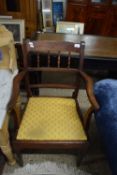 19TH CENTURY MAHOGANY FRAMED BAR AND SPINDLE BACK CARVER CHAIR, 94CM HIGH