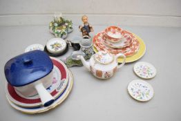 SMALL GOEBEL FIGURE OF A CHILD, FLORAL ENCRUSTED VASES, MINTON PIN TRAYS, FLORAL DECORATED PLATES