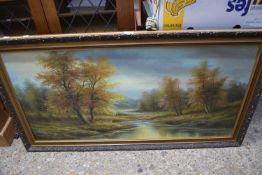 20TH CENTURY SCHOOL, STUDY OF A RIVER SCENE WITH TREES, OIL ON CANVAS, GILT FRAMED, INDISTINCTLY