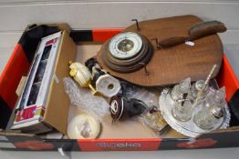 BOX VARIOUS MIXED ITEMS TO INCLUDE A WALL MOUNTED BAROMETER AND BRUSH STAND, SILVER PLATED CRUET,