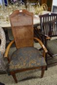 EARLY 20TH CENTURY CANE BACK SIDE CHAIR WITH BLUE UPHOLSTERED SEAT, 102CM HIGH