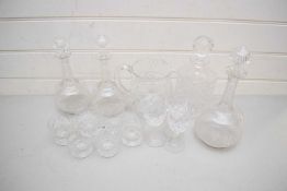 VARIOUS CLEAR GLASS DECANTERS, CUT GLASS DRINKING GLASSES, GLASS JUG ETC