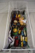 BOX OF VARIOUS DINKY AND OTHER TOY VEHICLES, A CLOCKWORK DRUMMING PANDA ETC