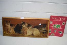 STUDY OF KITTENS, OIL ON BOARD, TOGETHER WITH A JUNIOR STAMP ALBUM (2)