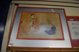 JAPANESE COLOURED WOODBLOCK PRINT OF GEISHA GIRL AND FIGURE SEATED BEFORE HER, F/G, 62CM WIDE