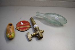 MIXED LOT COMPRISING A BRASS BEER TAP, CALEY OF NORWICH VINTAGE BOTTLE, SMALL WOODEN CLOG AND A