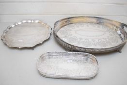 OVAL GALLERIED SILVER PLATED SERVING TRAY TOGETHER WITH TWO FURTHER SMALLER TRAYS (3)