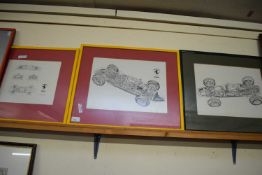 TWO FRAMED TECHNICAL DRAWING PRINTS OF FERRARI RACE CARS, TOGETHER WITH ONE OTHER, LARGEST 53CM