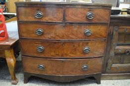 LATE GEORGIAN MAHOGANY BOW FRONT CHEST OF TWO SHORT OVER THREE LONG DRAWERS, 104CM WIDE