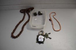 CHINESE PADLOCK FORMED AS A TURTLE, BEADWORK NECKLACES AND VARIOUS OTHER ITEMS