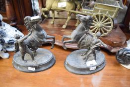 PAIR OF SMALL SPELTER MODELS OF MARLEY HORSES, RAISED ON PLINTH BASES, 20CM HIGH