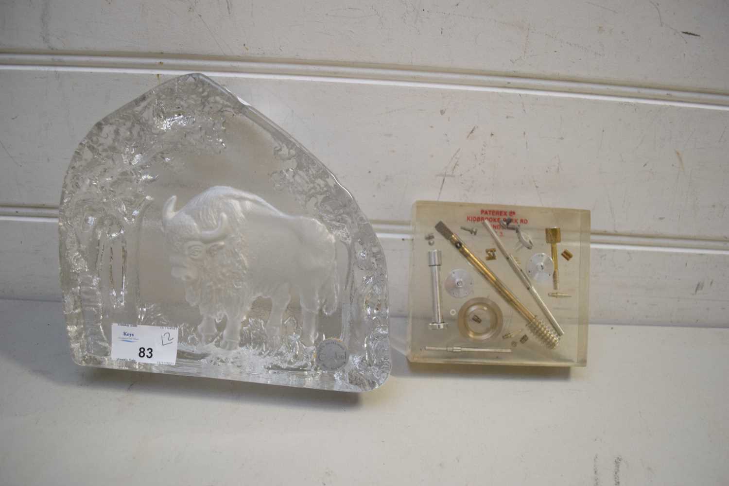 LARGE GOEBEL GLASS PLAQUE DECORATED WITH A BISON TOGETHER WITH A FURTHER PERSPEX PAPERWEIGHT