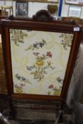 LATE VICTORIAN MAHOGANY FRAMED FIRE SCREEN WITH INSET FABRIC PANEL, 107CM HIGH