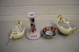 TWO AYNSLEY GILT AND FLORAL DECORATED TEA POTS, A FURTHER SMALL IMARI TYPE OCTAGONAL BOWL, SMALL