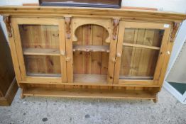 MODERN PINE WALL MOUNTED CABINET WITH TWO GLAZED DOORS, 138CM WIDE