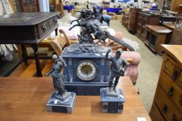 LATE 19TH CENTURY FRENCH BLACK SLATE AND MARBLE MOUNTED CLOCK GARNITURE WITH SPELTER FIGURAL