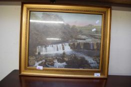 VINTAGE COLOURED PHOTOGRAPHIC PRINT OF FIGURES BY A WATERFALL, GILT FRAMED, 57CM WIDE