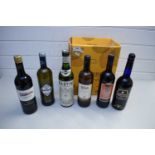 BOX CONTAINING SIX BOTTLES OF VARIOUS WINES AND MARTINI