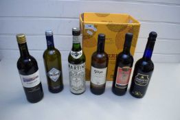 BOX CONTAINING SIX BOTTLES OF VARIOUS WINES AND MARTINI