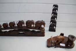 CEYLONESE HARDWOOD DESK STAND WITH ELEPHANT MOUNT, TWO FURTHER HARDWOOD GRADUATED MODELS OF LINES OF