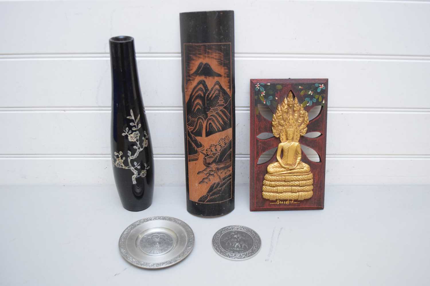 MIXED LOT OF ORIENTAL MOTHER OF PEARL AND BLACK LACQUERED INLAID VASE, ORIENTAL WALL PLAQUES, PEWTER